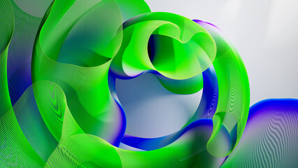 3d render of abstract art of surreal circles, ropes on a curve, wavy organic lines, forms in a deformation transformation process in purple and white, and blue gradient color