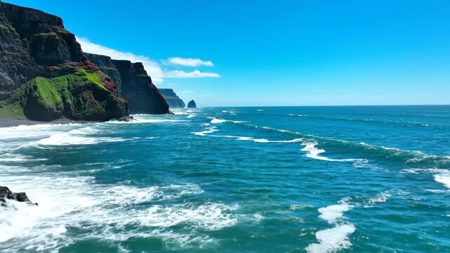 Dramatic ocean waves crash against rugged cliffs under blue sky