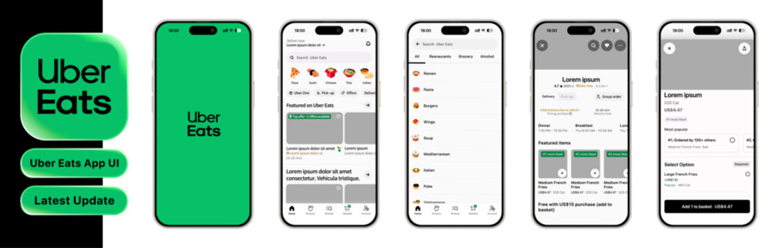 Uber Eats 2026 UI screen design in light mode, featuring restaurant listings, menu, cart, checkout, and order tracking screens, editable vector template, modern food delivery interface.