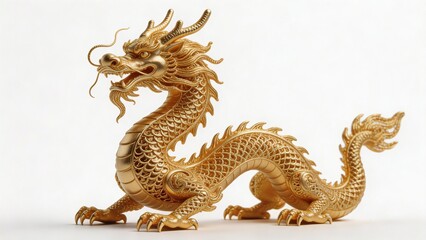 Fototapeta premium a full-body golden Chinese dragon decorative sculpture, ultra-detailed gold filigree, isolated on a pure white background, clean stock style lighting 