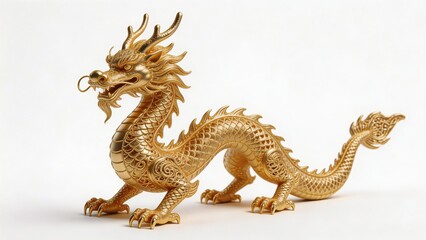 Fototapeta premium a full-body golden Chinese dragon decorative sculpture, ultra-detailed gold filigree, isolated on a pure white background, clean stock style lighting 