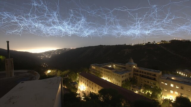 Ethereal neutrino trails painting fractal illuminations across the night sky.