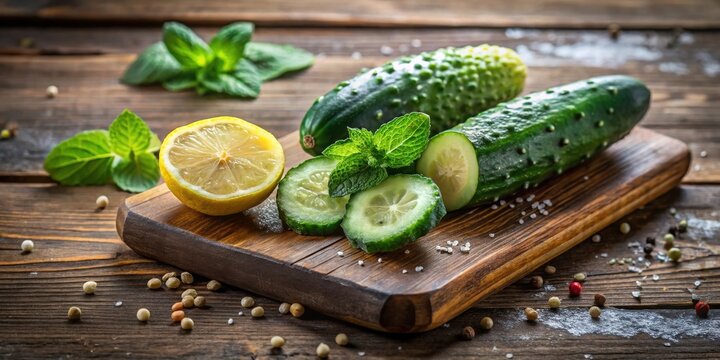 Refreshing Cucumber and Lemon Slices with Aromatic Mint on Rustic Wooden Board