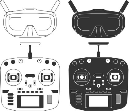 Vector drone goggle and radio controller icons in outline and silhouette design