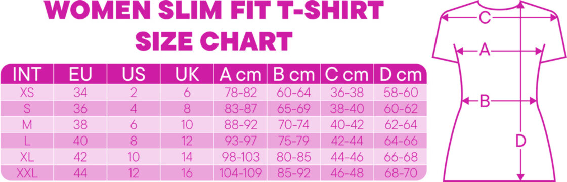 Women's slim fit t shirt size chart with international and EU UK US conversions for accurate fitting