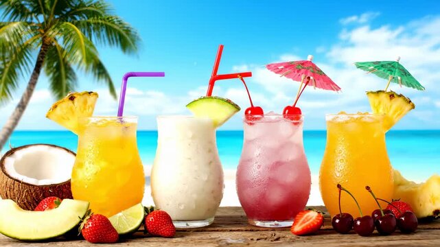  Scattered across the wooden surface in front of the glasses are fresh fruits a halved coconut, slices of melon, a lime wedge, ripe red strawberries, and bright red cherries, adding freshness and colo