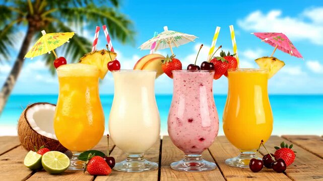  Scattered across the wooden surface in front of the glasses are fresh fruits a halved coconut, slices of melon, a lime wedge, ripe red strawberries, and bright red cherries, adding freshness and colo