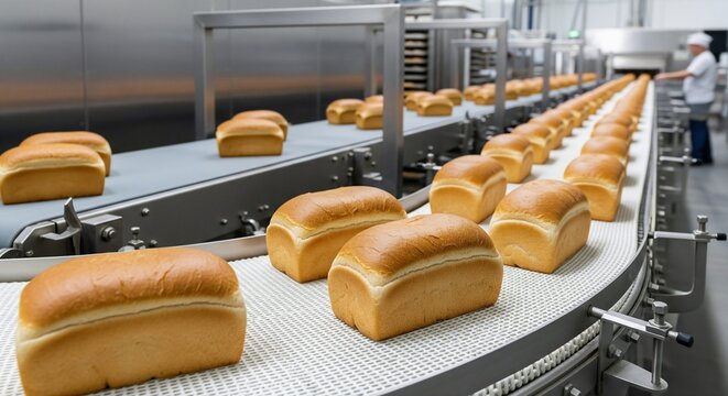 Freshly baked bread loaves on industrial conveyor belt in bakery