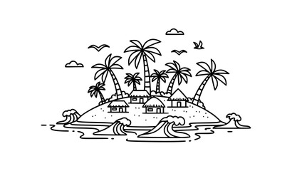 Tropical Jungle with Waterfall and River Monochrome Hand-Drawn Illustration