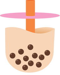 Sweet boba tea in a plastic cup with straw, Summer milk tea with bubble dessert illustration