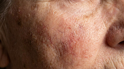 Naklejka premium Close-up of senior woman face with rosacea and couperose skin capillaries