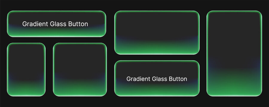 Transparent green gradient glass button elements for modern UI design and interfaces.