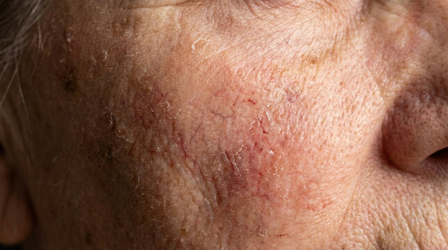 Close-up of senior woman face with rosacea and couperose skin capillaries