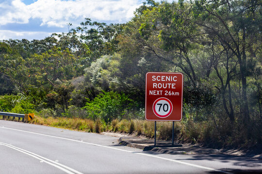 70 speed zone sign with scenic route next 26km on roadside signage