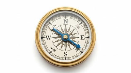 A classic golden brass compass with a blue needle pointing southwest on a clean white background, symbolizing direction and exploration.