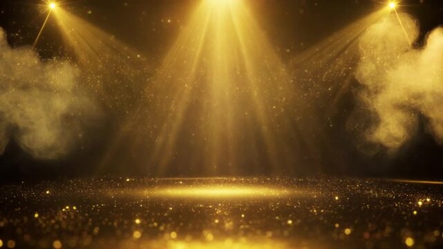 Golden stage spotlight shining down on empty floor with sparkling particles and clouds in dark background for awards or product presentation