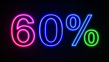 Glowing neon text 60% on dark background. Image for discount or sale