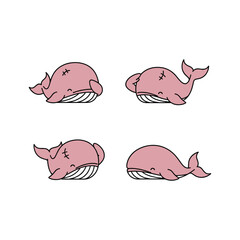 Cute cartoon whales set in different poses on white background