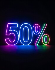Glowing neon text 50% on dark background. Image for discount or sale