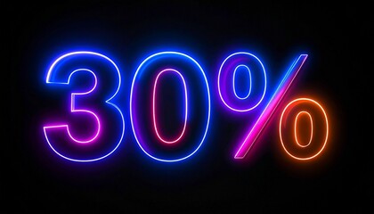 Glowing neon text 30% on dark background. Image for discount or sale