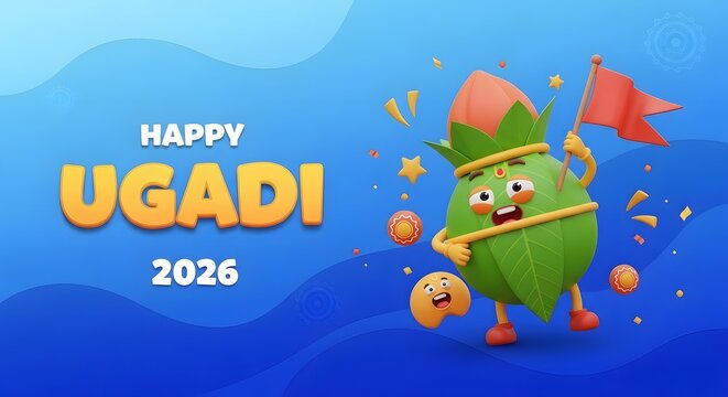 Happy ugadi 2026 greeting card with cartoon character