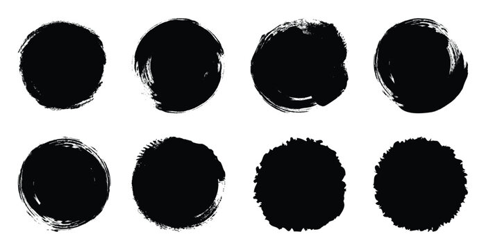 Set of black grunge circles shapes on a white background.  Paint brush stamp collection.Vintage grunge boxes for collage, text, banner, sticker, poster design.Grunge round shape. Vector illustration,