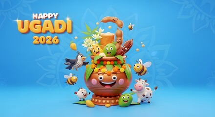 Fototapeta premium Happy ugadi 2026 festival celebration greeting card with cute characters