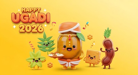 Happy ugadi 2026 celebration with cute cartoon food characters