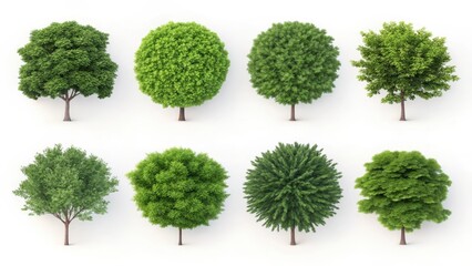 Fototapeta premium Eight distinct types of stylized digital trees with lush green foliage.