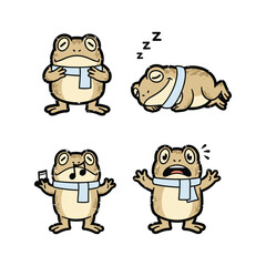 Fototapeta premium Cartoon frog experiencing stress and relief with a mobile phone in a simple illustration style