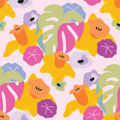 Naklejka premium Spring summer tropical floral seamless pattern vector with hibiscus flowers and monstera leaves in orange, purple, and green. Bold repeat design for fabric and wallpaper.