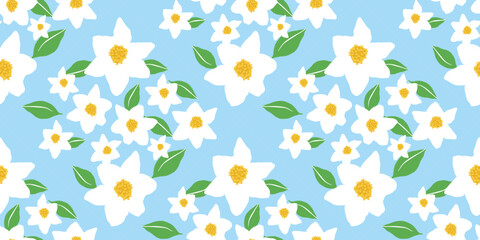 Obraz premium Spring summer jasmine blossom seamless pattern vector with white flowers on sky blue background. Fresh repeat design for fabric, wallpaper, wrapping paper, and stationery.