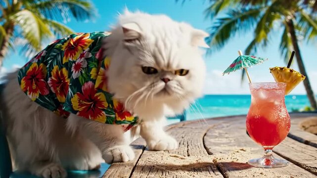 Grumpy Persian Cat in Hawaiian Shirt Sitting at Beach Bar with Tropical Cocktail