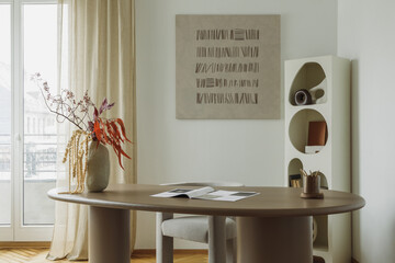 Minimalist Home Office Interior with Elegant Wooden Desk and Decorative Vase in a Bright, Modern...