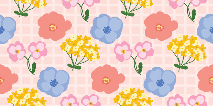 Spring summer floral seamless pattern vector with poppy flowers and mimosa on soft pink grid background. Cute repeat design for fabric, wallpaper, and stationery.
