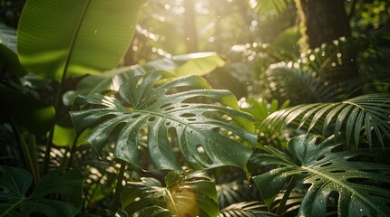 Fototapeta premium Hyper-Realistic Cinematic Close-Up of Lush Tropical Foliage with Monstera and Banana Leaves