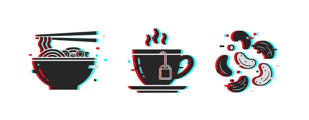 Noodle bowl, steaming tea cup and assorted nuts on white. Glitch effect