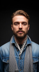 Obraz premium Close-up of a man with a beard, wearing a denim jacket and scarf, set against a dark background, creating a stylish, confident appearance