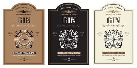collection of gin labels with anchor and yacht helm in retro style