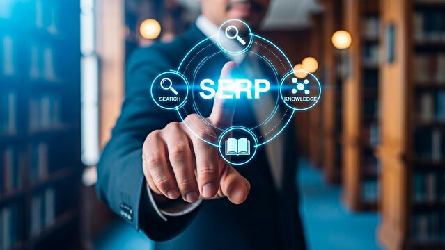 A businessman interacts with a search engine result page concept.