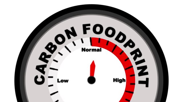 Carbon footprint meter indicating a low level on a white background Keywords: carbon footprint, environmental meter, sustainability gauge, low level, normal, high, indicator, dial, measurement