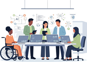 Diverse team collaborating over laptops in an inclusive AI laboratory with colorful graphics and a modern atmosphere.