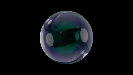 Realistic 8K iridescent soap bubble isolated on black background. Premium 3D illustration of transparent rainbow sphere with oily film texture.