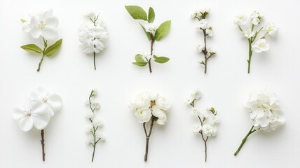 Naklejka premium Elegant white blossoms, branches, and green leaves creating a delicate floral composition and spring motif