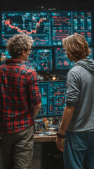 Fototapeta premium Two men analyzing financial data on multiple digital screens in modern office, focused and engaged in discussion
