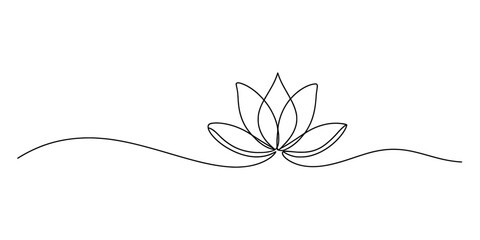 Continuous line drawing of a minimalist lotus flower for yoga and meditation branding Vector, illustration © Creative_Outline2019