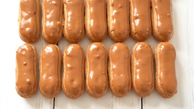 Delicious chocolate eclairs arranged in rows on a white surface