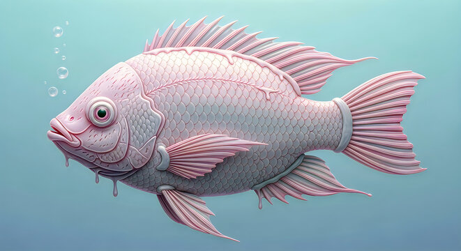 Pink candy fish with dripping frosting swimming in light blue water, surreal aquatic scene