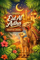 Naklejka premium Eid al Adha greeting card with camels and desert landscape