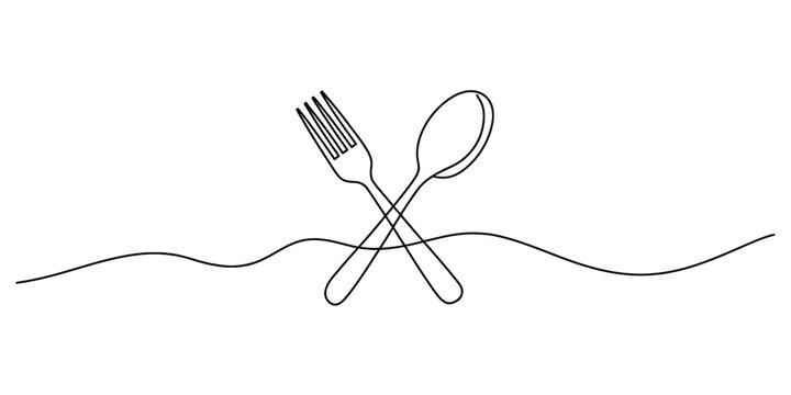 Minimalist continuous line drawing of a crossed fork and spoon on a white background isolated on white background, Vector, illustration